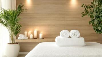 Spa room with candles and towels on the bed photo