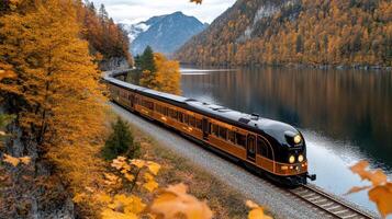A train traveling through the mountains in the fall photo