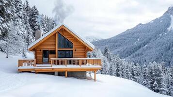 A cabin in the snow with a view of the mountains photo