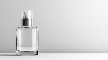 A clear glass bottle with a spray on it photo