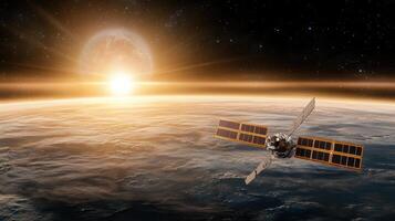 Space satellite in orbit over earth with sun rising photo