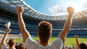 A man is raising his arms in front of a stadium photo