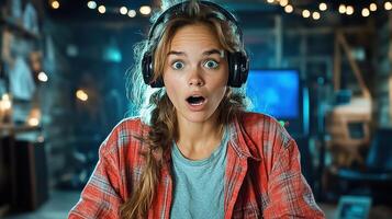 A woman wearing headphones and looking surprised photo