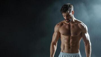 A shirtless man standing in front of a dark background photo