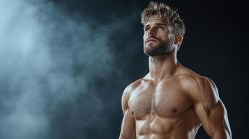 Muscular man posing in front of smoke photo