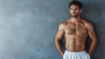 A shirtless man standing against a wall photo