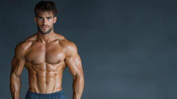 A man with a muscular body standing in front of a gray background photo