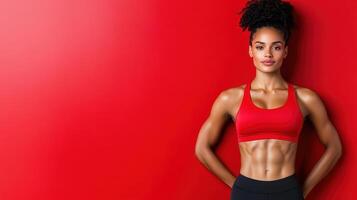 A beautiful young woman in a sports bra and shorts posing against a red background photo