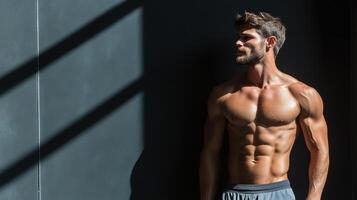 A man with a shirtless body standing in front of a wall photo
