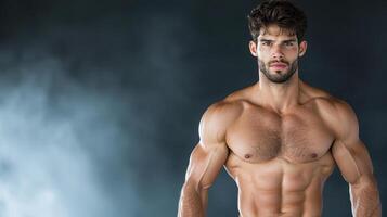 A man with a muscular body standing in front of a dark background photo