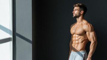 A man standing in front of a window with his shirt off photo