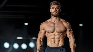 A man with a muscular body standing in front of a black background photo