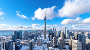 The toronto skyline is seen from above in winter photo