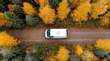 An aerial view of a white van driving through a forest photo
