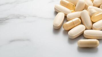 A pile of pills on a white surface photo