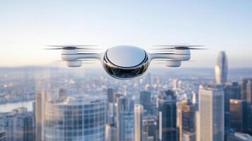 A white drone flying over a city with a cityscape in the background photo
