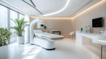 A modern medical room with a bed and a desk photo