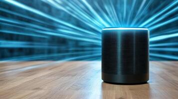 Amazon echo dot on wooden table with blue light photo