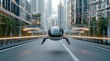A flying car is flying through the city photo