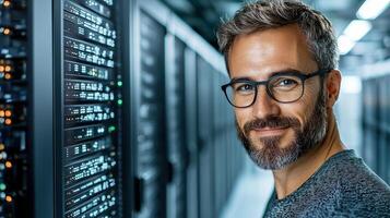A man with glasses and a beard standing in front of servers photo