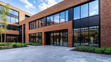 The entrance to an office building with brick walls and windows photo