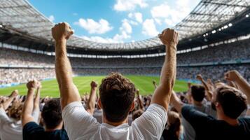 A man is raising his arms in front of a crowd photo