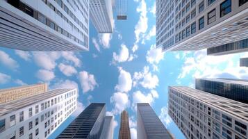 A view of tall buildings looking up at the sky photo