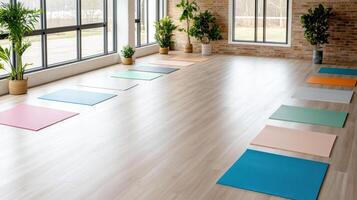 Yoga mats in a room with windows and plants photo