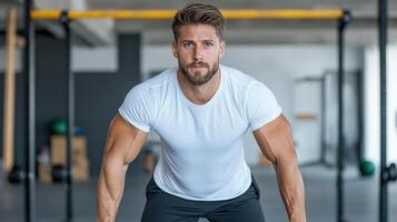 A man in a white shirt is doing squats in a gym photo