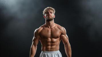 A man in a white shorts and no shirt photo