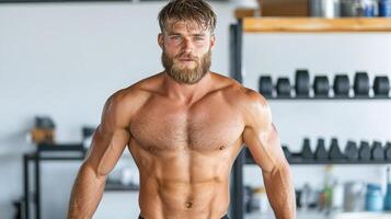 A man with a beard and a muscular body standing in front of a barbell photo
