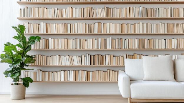 A white couch in front of a bookshelf with a plant photo