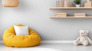 A yellow bean bag chair and bookshelves in a room photo