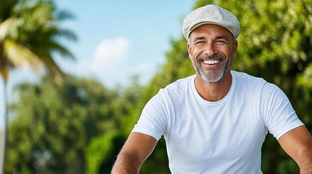 A man smiles while riding a bicycle photo