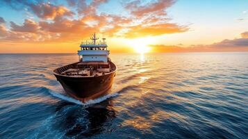 A large ship traveling in the ocean at sunset photo