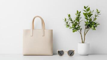 A beige bag, sunglasses and a plant on a white wall photo