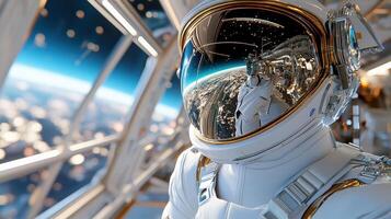 An astronaut in space suit with a view of the earth photo