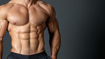 A man with no shirt on showing off his abs photo