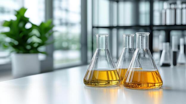 Three flasks with yellow liquid sitting on a table photo