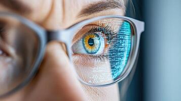 Close up of a woman's eye with glasses photo