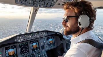 A man in a pilot's uniform is sitting in the cockpit of an airplane photo