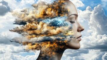 A woman's head with clouds coming out of it photo