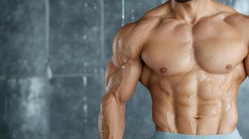 A man with a muscular body standing in front of a shower photo