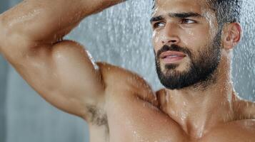 A man with a beard and a beard is standing under a shower photo