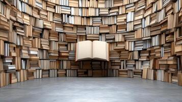 A large room full of books with a book in the middle photo