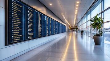 An airport terminal with a large screen showing flight information photo