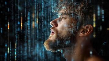 A man with a beard and a computer screen in front of him photo