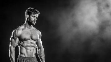 A man with a shirtless body standing in front of a black background photo