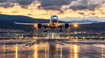 A large passenger jet taking off from an airport photo