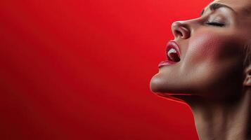 A woman singing on a red background photo